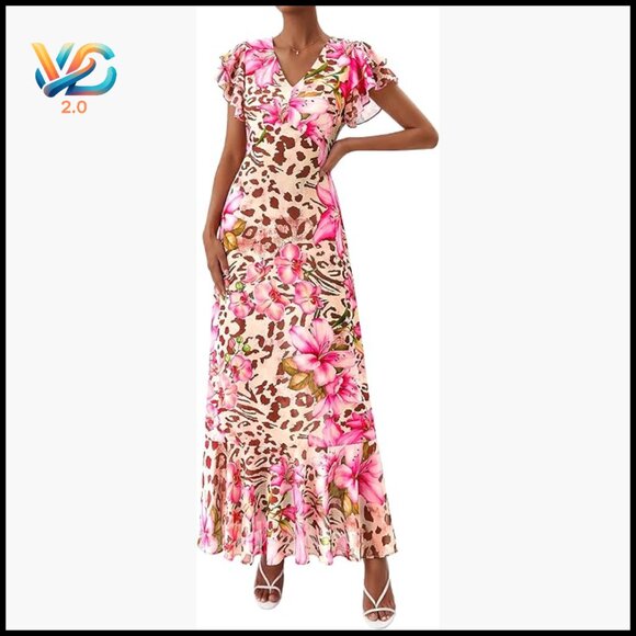 Maxi Dress with V-Neck Ruffle Sleeves Flowy Beach Wedding Guest Maxi Dress with V-Neck Ruffle Sleeves Flowy Beach Wedding Guest